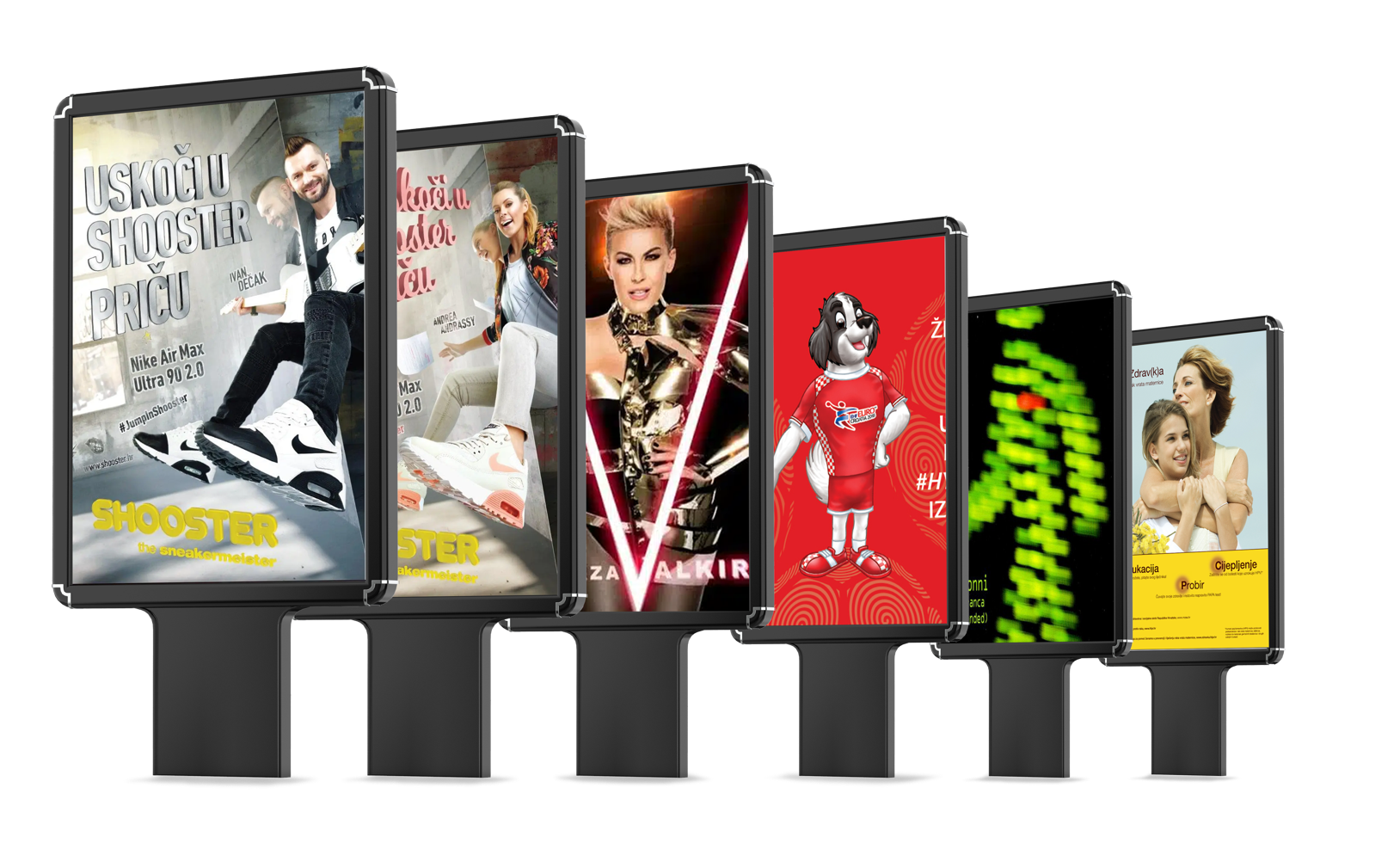 A row of six colorful posters on stands, each featuring different artistic designs and figures.